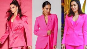 pink blazer bollywood actresses, shraddha kapoor, deepika and kiara, kiara and mithila, mithila and kiara, kiara in pink blazers,